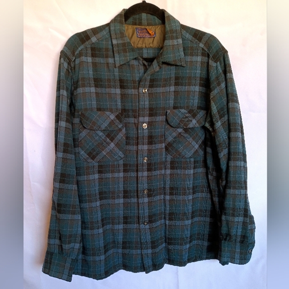 Pendleton Other - Vintage 60s Pendleton Flannel - Virgin Wool - Teal, Blue, Gray, Black - Large